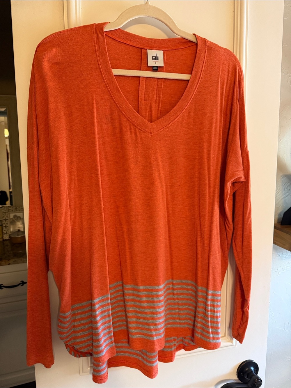 CAbi Orange V-Neck Long Sleeve Top with Silver Stripes